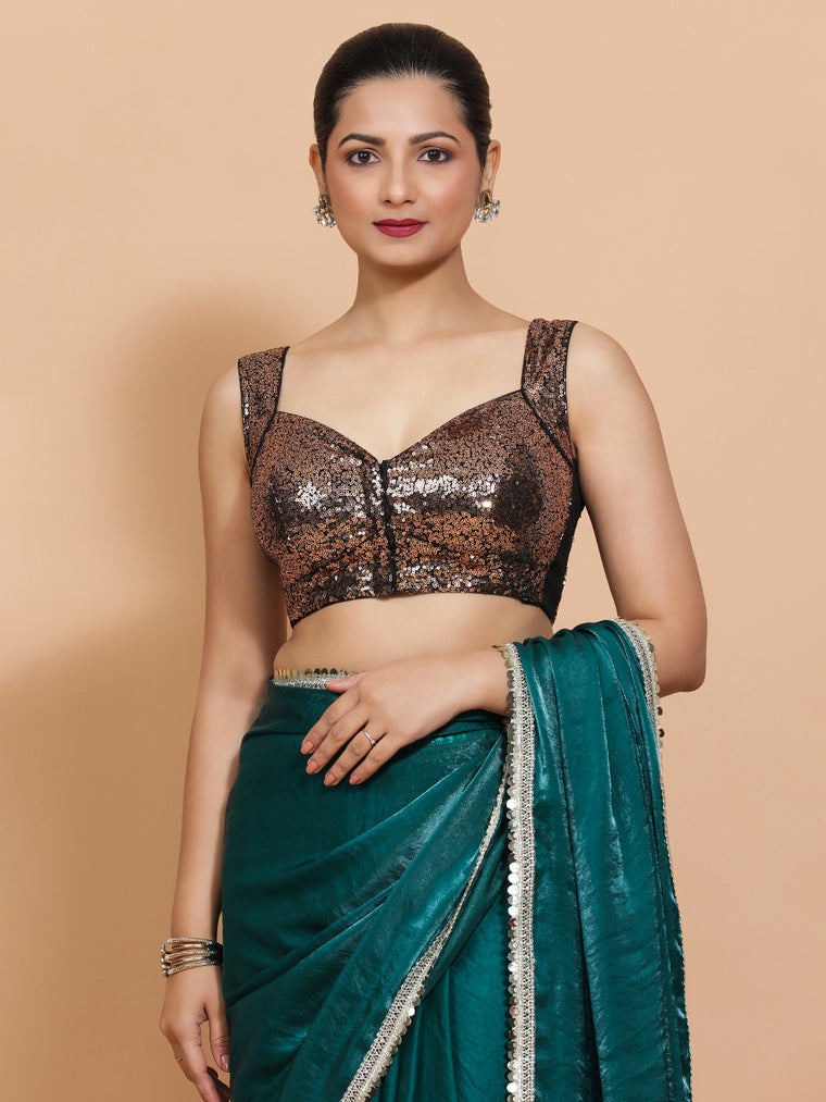 Kashish x Tyohaar Saree Blouse, in Gold Sequin, featuring sleeveless and sweetheart neckline, made for party & festive.