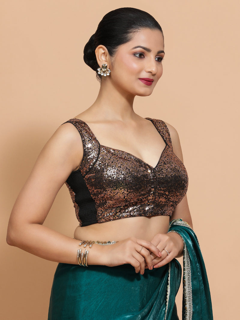 Kashish x Tyohaar | Sleeveless Black & Gold Sequined Saree Blouse with Sweetheart Neck-Binks