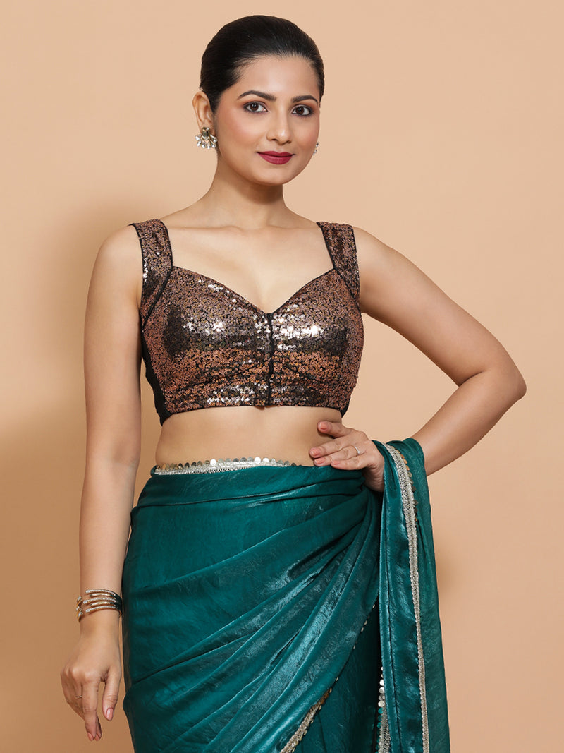 Kashish x Tyohaar | Sleeveless Black & Gold Sequined Saree Blouse with Sweetheart Neck-Binks
