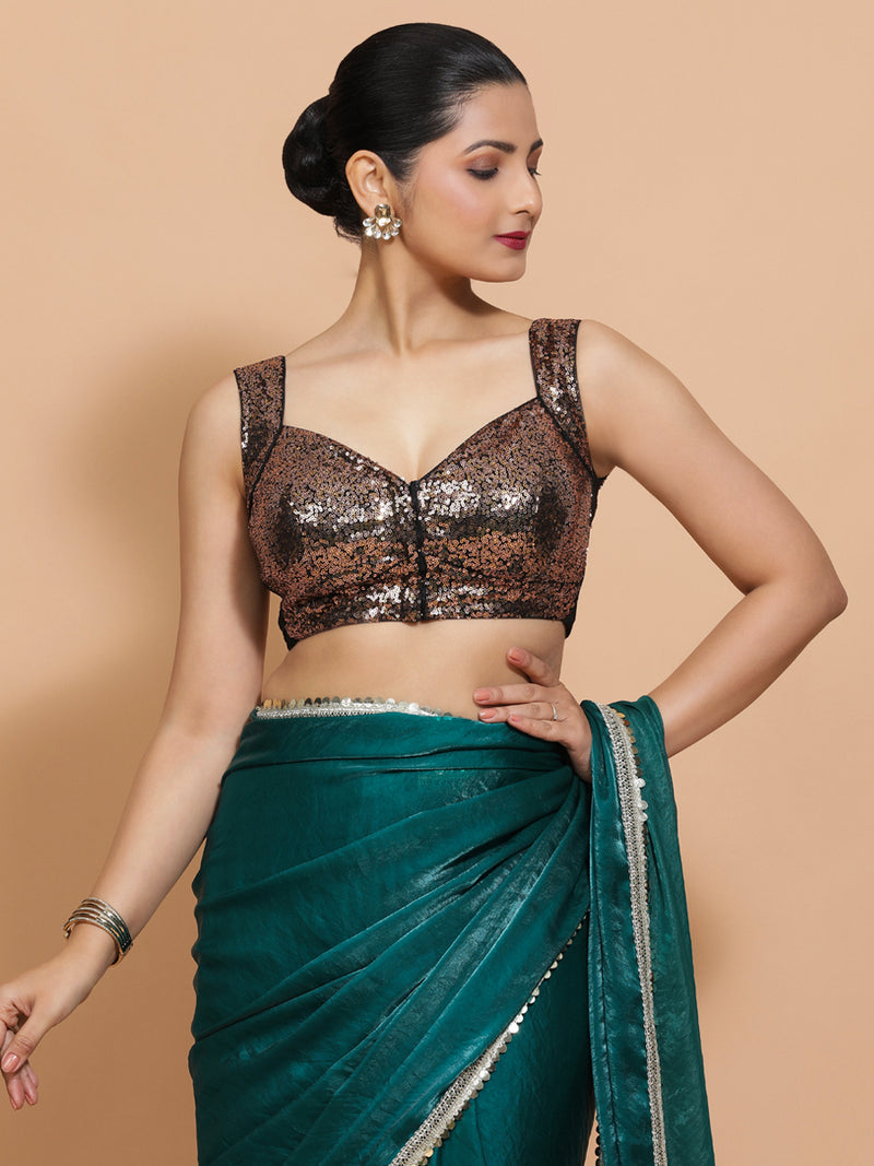 Kashish x Tyohaar | Sleeveless Black & Gold Sequined Saree Blouse with Sweetheart Neck-Binks