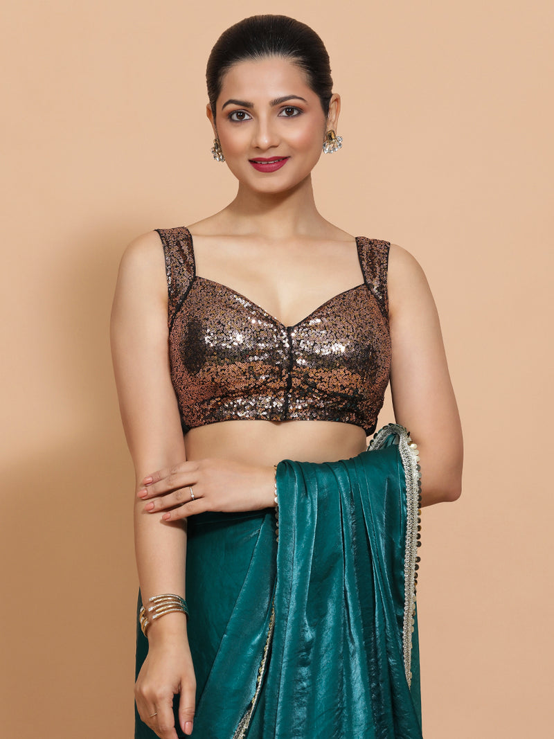 Kashish x Tyohaar | Sleeveless Black & Gold Sequined Saree Blouse with Sweetheart Neck-Binks