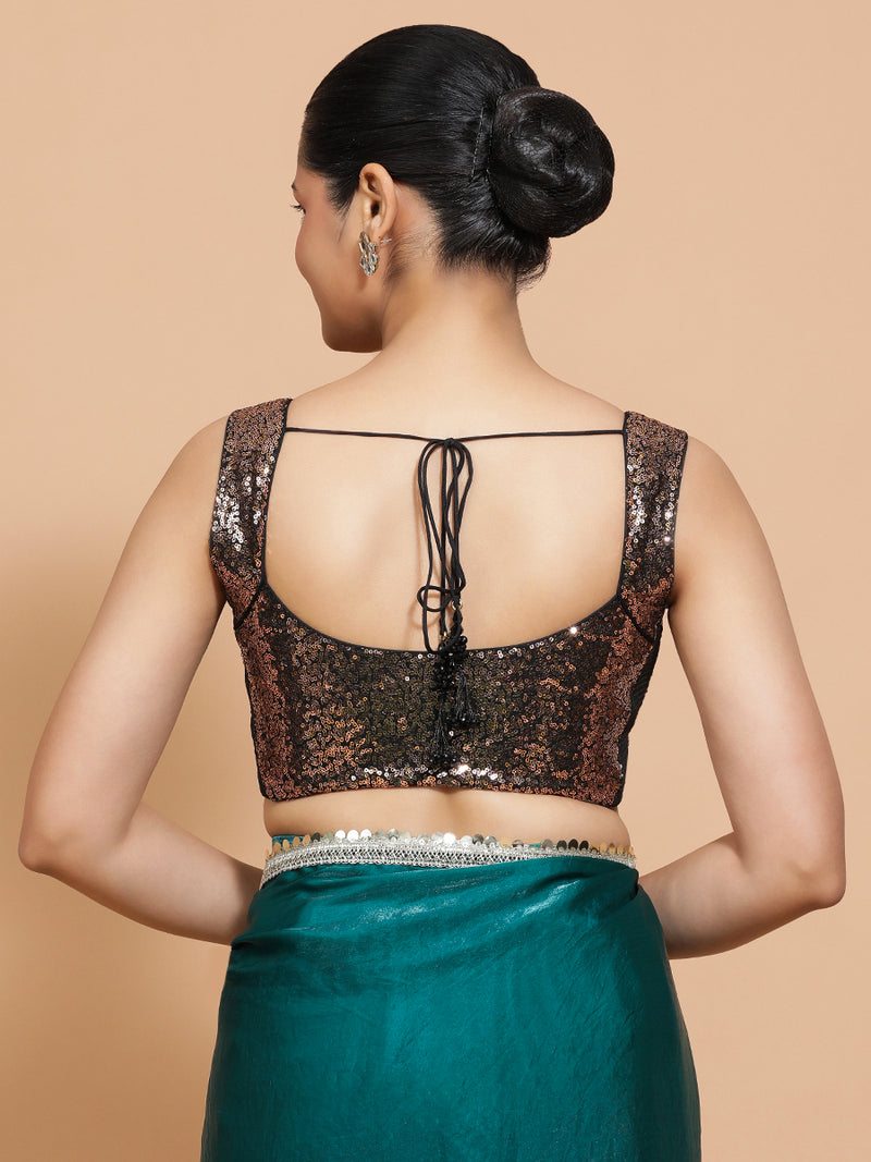 Kashish x Tyohaar | Sleeveless Black & Gold Sequined Saree Blouse with Sweetheart Neck-Binks