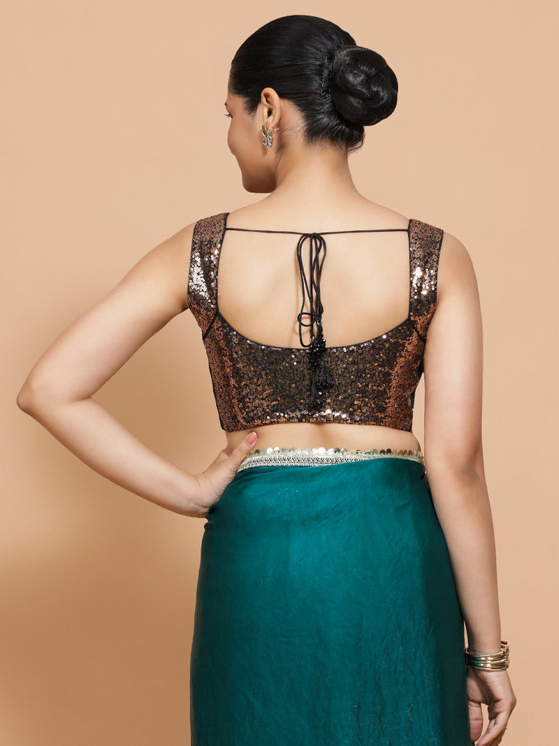 Kashish x Tyohaar | Sleeveless Black & Gold Sequined Saree Blouse with Sweetheart Neck-Binks