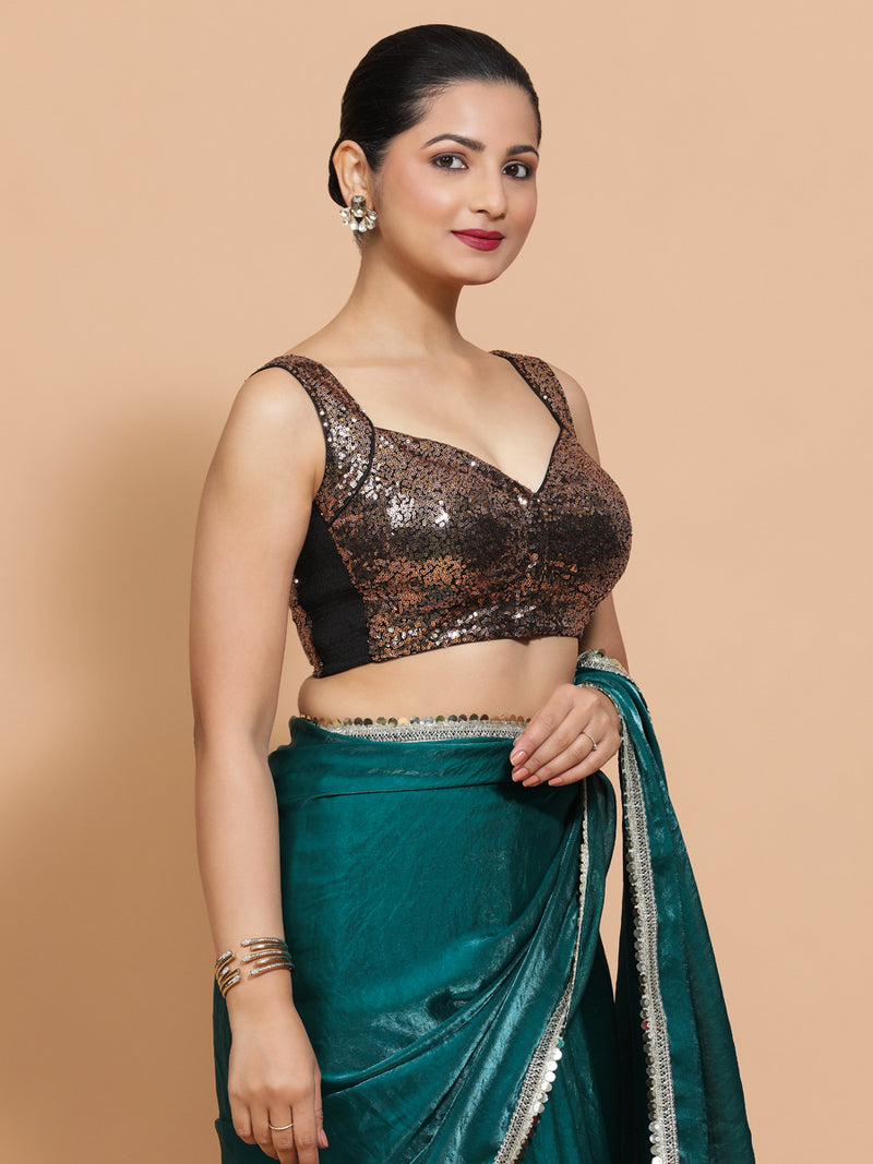 Kashish x Tyohaar | Sleeveless Black & Gold Sequined Saree Blouse with Sweetheart Neck-Binks