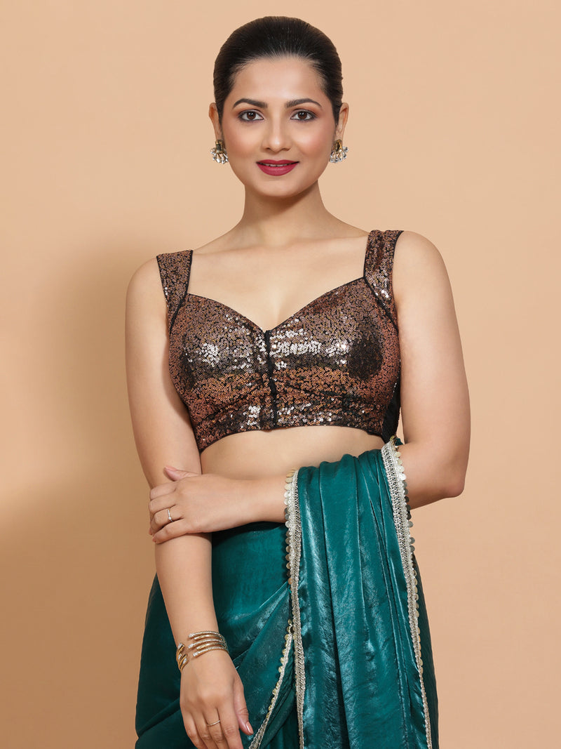 Kashish x Tyohaar | Sleeveless Black & Gold Sequined Saree Blouse with Sweetheart Neck-Binks