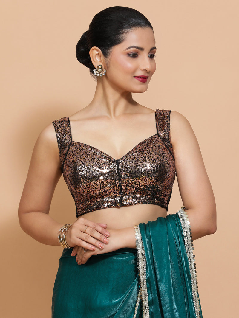 Kashish x Tyohaar | Sleeveless Black & Gold Sequined Saree Blouse with Sweetheart Neck-Binks