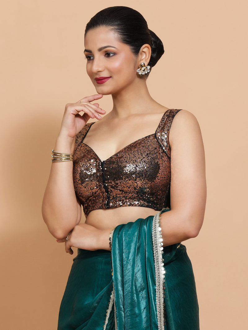Kashish x Tyohaar | Sleeveless Black & Gold Sequined Saree Blouse with Sweetheart Neck-Binks