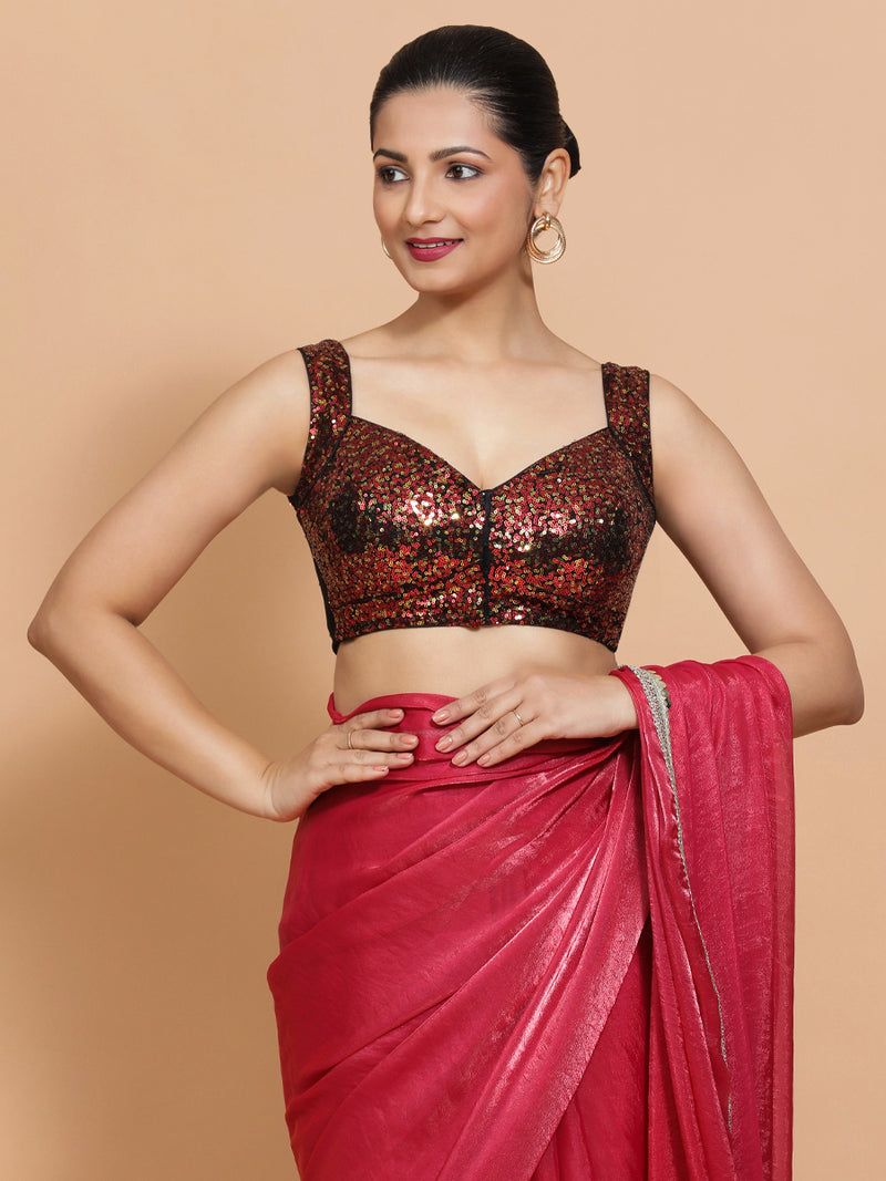 Kashish x Tyohaar | Sleeveless Black & Red Sequined Saree Blouse with Sweetheart Neck-Binks