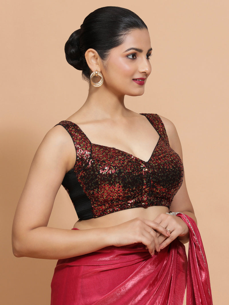 Kashish x Tyohaar | Sleeveless Black & Red Sequined Saree Blouse with Sweetheart Neck-Binks