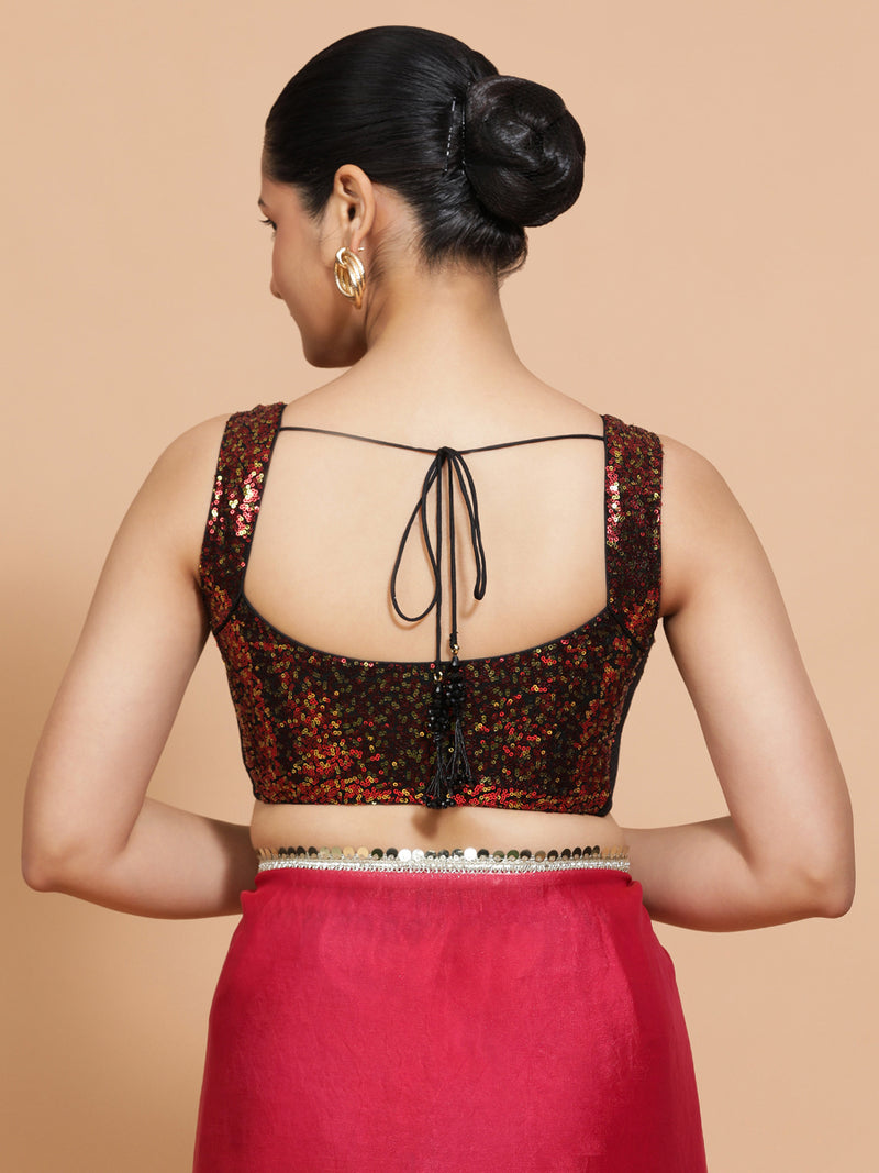 Kashish x Tyohaar | Sleeveless Black & Red Sequined Saree Blouse with Sweetheart Neck-Binks