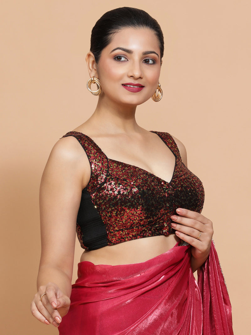 Kashish x Tyohaar | Sleeveless Black & Red Sequined Saree Blouse with Sweetheart Neck-Binks