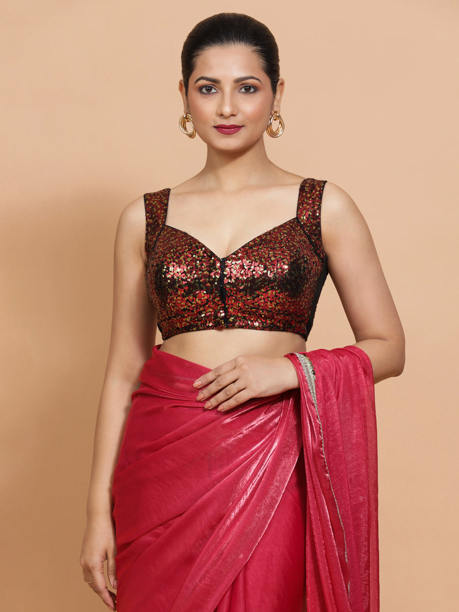 Kashish x Tyohaar Saree Blouse, in Red Sequin, featuring sleeveless and sweetheart neckline, made for party & festive (view 8).