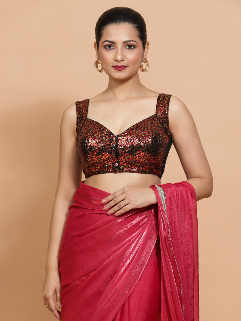 Kashish x Tyohaar | Sleeveless Black & Red Sequined Saree Blouse with Sweetheart Neck-Binks