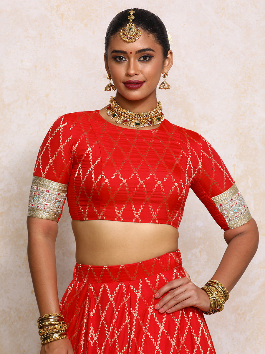 Kashvi x Tyohaar Saree Blouse, in Red Viscose Silk Brocade, featuring elbow sleeves and jewel neckline (view 6).