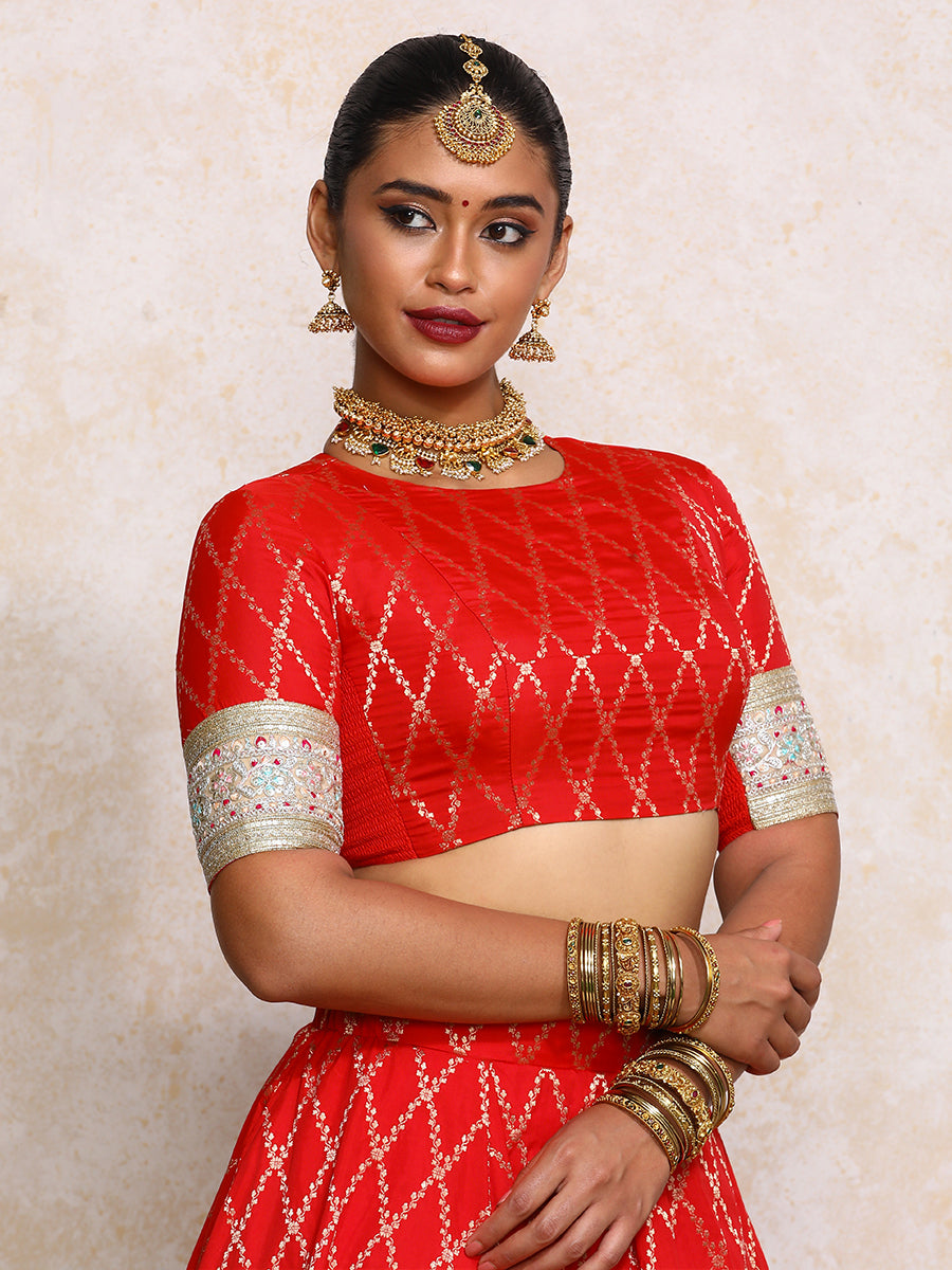 Kashvi x Tyohaar Saree Blouse, in Red Viscose Silk Brocade, featuring elbow sleeves and jewel neckline (view 8).