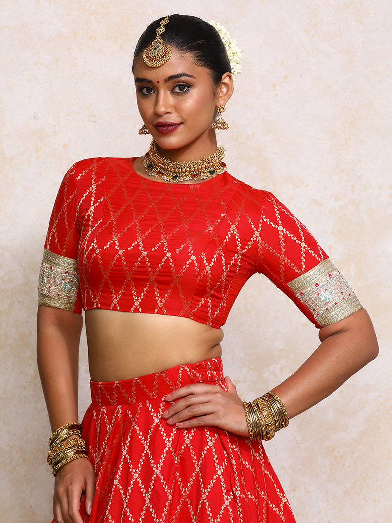 Kashvi x Tyohaar | Elbow Sleeves Berry Red Vine Mesh Brocade Saree Blouse-Binks