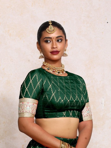 Kashvi x Tyohaar | Elbow Sleeves Dark Green Vine Mesh Brocade Saree Blouse