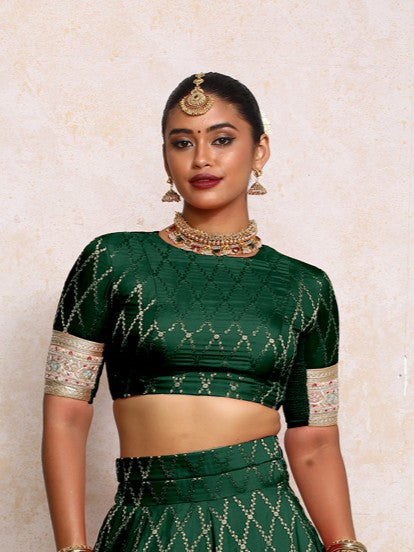 Kashvi x Tyohaar Saree Blouse, in Green Viscose Silk Brocade, featuring elbow sleeves and jewel neckline (view 5).