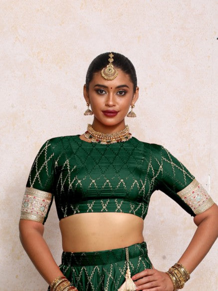 Kashvi x Tyohaar Saree Blouse, in Green Viscose Silk Brocade, featuring elbow sleeves and jewel neckline (view 7).