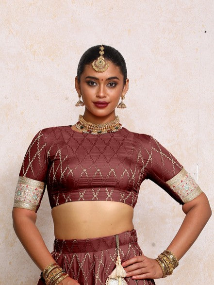 Kashvi x Tyohaar Saree Blouse, in Maroon Viscose Silk Brocade, featuring elbow sleeves and jewel neckline (view 7).