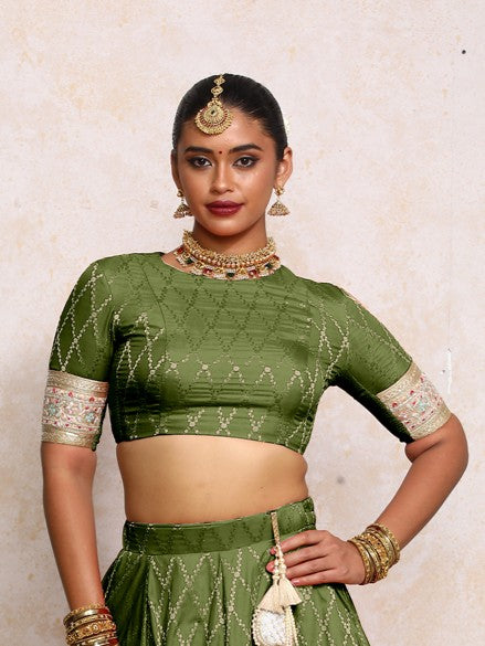 Kashvi x Tyohaar | Elbow Sleeves Deep Olive Vine Mesh Brocade Saree Blouse-Binks