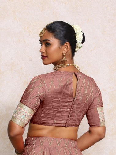 Kashvi x Tyohaar Saree Blouse, in Pink Viscose Silk Brocade, featuring elbow sleeves and jewel neckline (view 2).