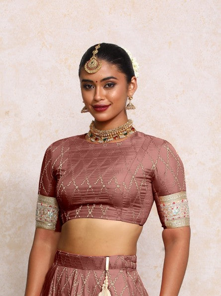 Kashvi x Tyohaar Saree Blouse, in Pink Viscose Silk Brocade, featuring elbow sleeves and jewel neckline (view 3).