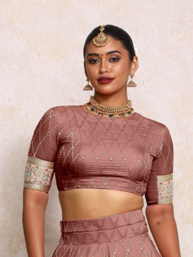 Kashvi x Tyohaar Saree Blouse, in Pink Viscose Silk Brocade, featuring elbow sleeves and jewel neckline (view 5).