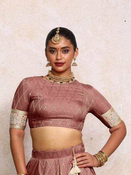 Kashvi x Tyohaar Saree Blouse, in Pink Viscose Silk Brocade, featuring elbow sleeves and jewel neckline (view 6).