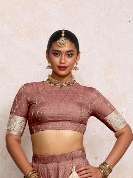 Kashvi x Tyohaar Saree Blouse, in Pink Viscose Silk Brocade, featuring elbow sleeves and jewel neckline (view 7).