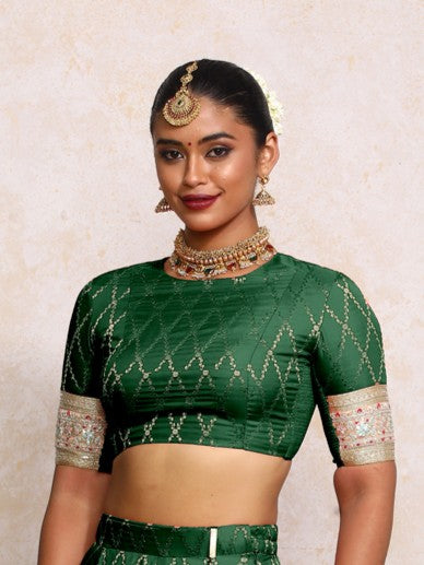 Kashvi x Tyohaar Saree Blouse, in Green Viscose Silk Brocade, featuring elbow sleeves and jewel neckline (view 3).