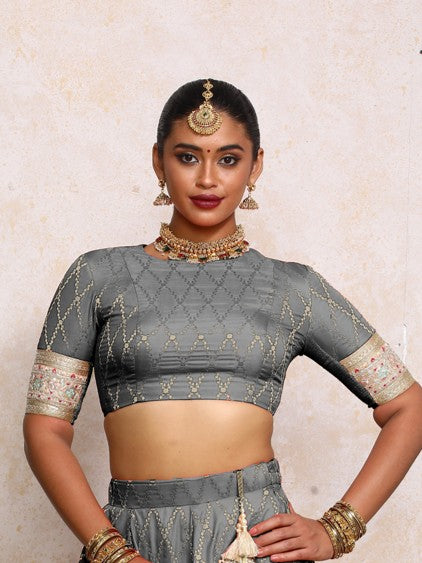 Kashvi x Tyohaar | Elbow Sleeves Gilded Grey Vine Mesh Brocade Saree Blouse-Binks