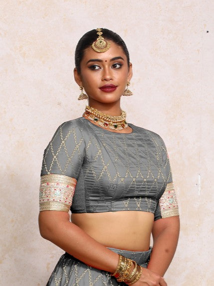 Kashvi x Tyohaar Saree Blouse, in Grey Viscose Silk Brocade, featuring elbow sleeves and jewel neckline (view 4).