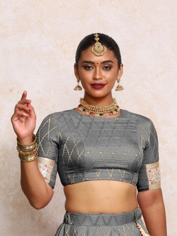 Kashvi x Tyohaar Saree Blouse, in Grey Viscose Silk Brocade, featuring elbow sleeves and jewel neckline (view 5).