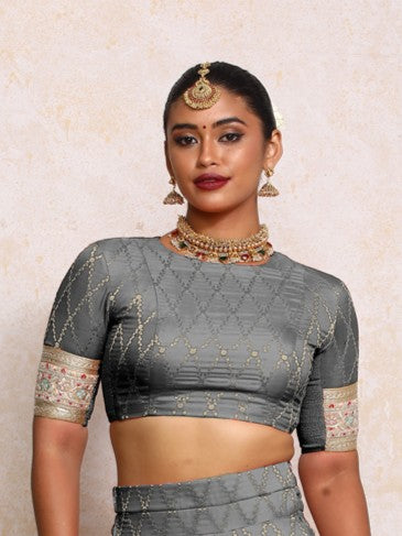 Kashvi x Tyohaar Saree Blouse, in Grey Viscose Silk Brocade, featuring elbow sleeves and jewel neckline (view 7).