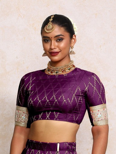 Kashvi x Tyohaar Saree Blouse, in Purple Viscose Silk Brocade, featuring elbow sleeves and jewel neckline (view 3).