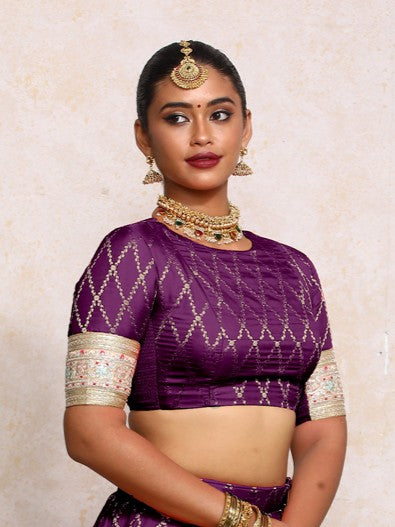 Kashvi x Tyohaar Saree Blouse, in Purple Viscose Silk Brocade, featuring elbow sleeves and jewel neckline (view 4).