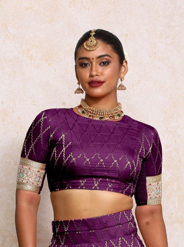 Kashvi x Tyohaar Saree Blouse, in Purple Viscose Silk Brocade, featuring elbow sleeves and jewel neckline (view 5).