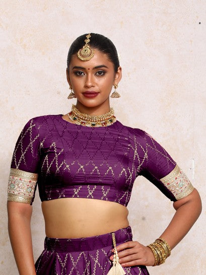 Kashvi x Tyohaar Saree Blouse, in Purple Viscose Silk Brocade, featuring elbow sleeves and jewel neckline (view 6).
