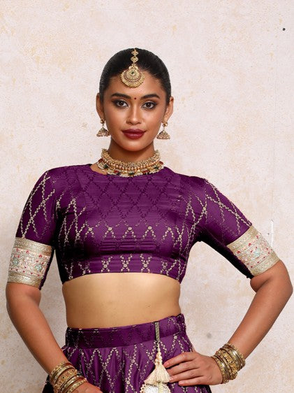 Kashvi x Tyohaar Saree Blouse, in Purple Viscose Silk Brocade, featuring elbow sleeves and jewel neckline (view 7).