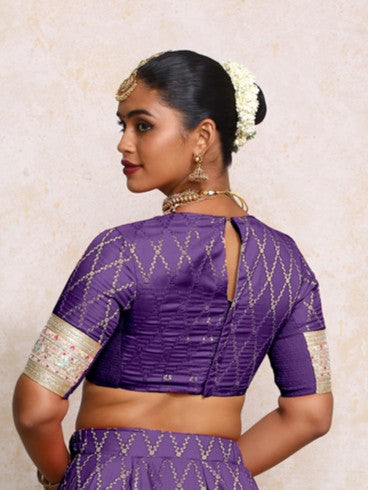 Kashvi x Tyohaar Saree Blouse, in Purple Viscose Silk Brocade, featuring elbow sleeves and jewel neckline (view 2).