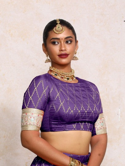 Kashvi x Tyohaar Saree Blouse, in Purple Viscose Silk Brocade, featuring elbow sleeves and jewel neckline (view 3).