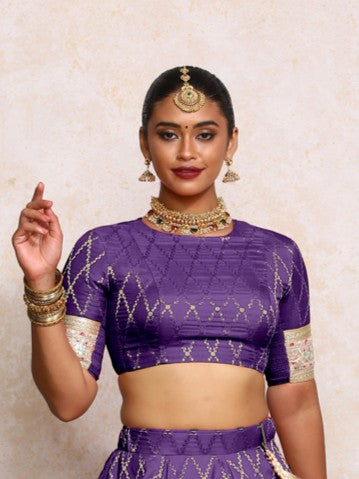 Kashvi x Tyohaar Saree Blouse, in Purple Viscose Silk Brocade, featuring elbow sleeves and jewel neckline (view 4).