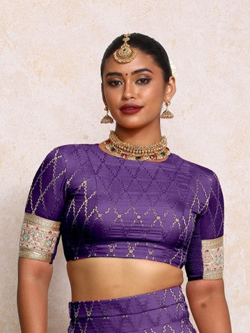 Kashvi x Tyohaar Saree Blouse, in Purple Viscose Silk Brocade, featuring elbow sleeves and jewel neckline (view 5).