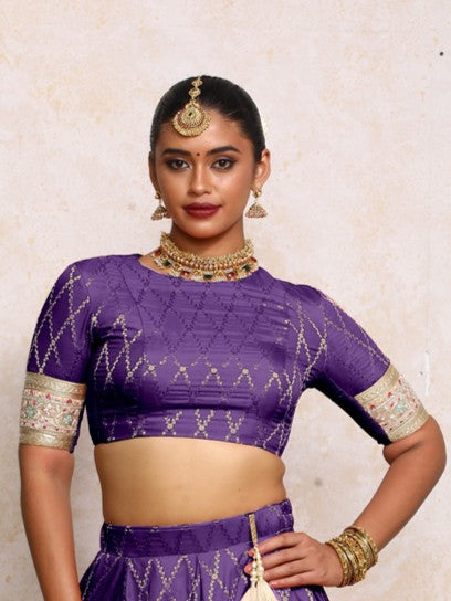 Kashvi x Tyohaar Saree Blouse, in Purple Viscose Silk Brocade, featuring elbow sleeves and jewel neckline (view 6).
