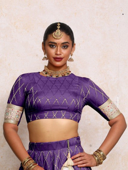 Kashvi x Tyohaar Saree Blouse, in Purple Viscose Silk Brocade, featuring elbow sleeves and jewel neckline (view 7).