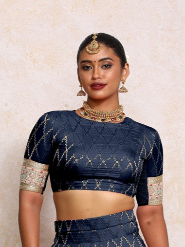 Kashvi x Tyohaar | Elbow Sleeves Royal Navy Vine Mesh Brocade Saree Blouse-Binks