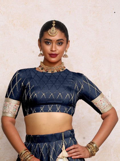 Kashvi x Tyohaar Saree Blouse, in Blue Viscose Silk Brocade, featuring elbow sleeves and jewel neckline (view 7).