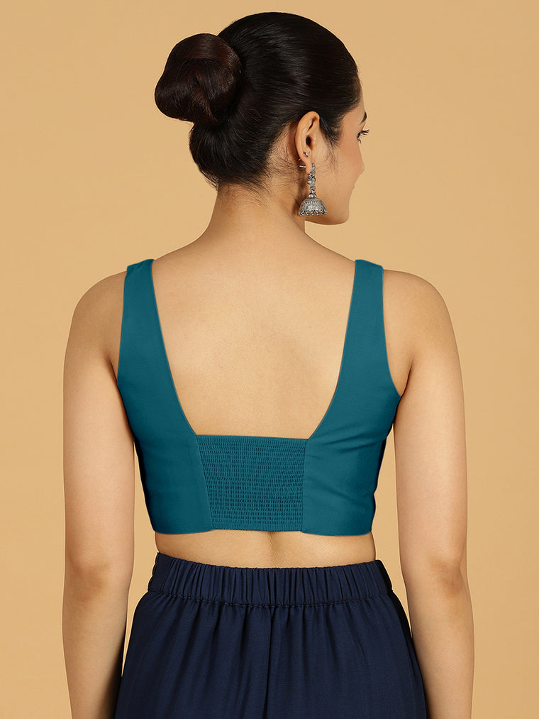Kasturi x Rozaana Saree Blouse, in Blue Viscose, featuring sleeveless and square neckline, made for daily & work (view 2).
