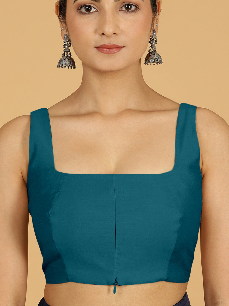 Kasturi x Rozaana Saree Blouse, in Blue Viscose, featuring sleeveless and square neckline, made for daily & work (view 3).